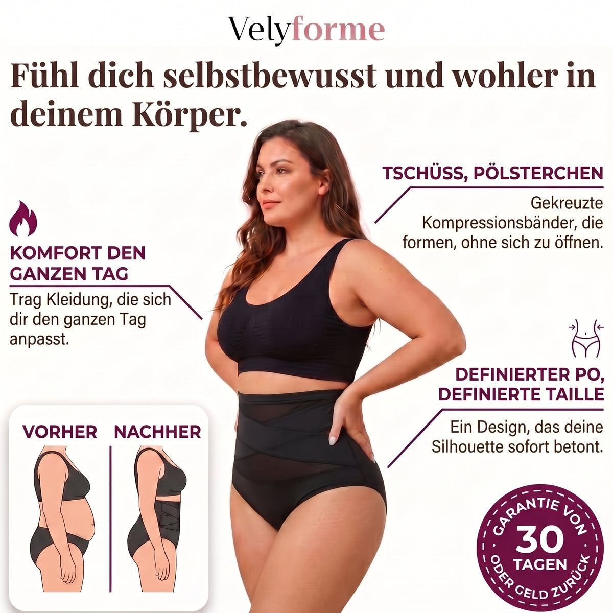 Velyforme Shaping-Slip in Schwarz mit X-Design: Modellansicht, Produktvorteile, Vorher-nachher-Darstellung und 30-Tage-Garantie.