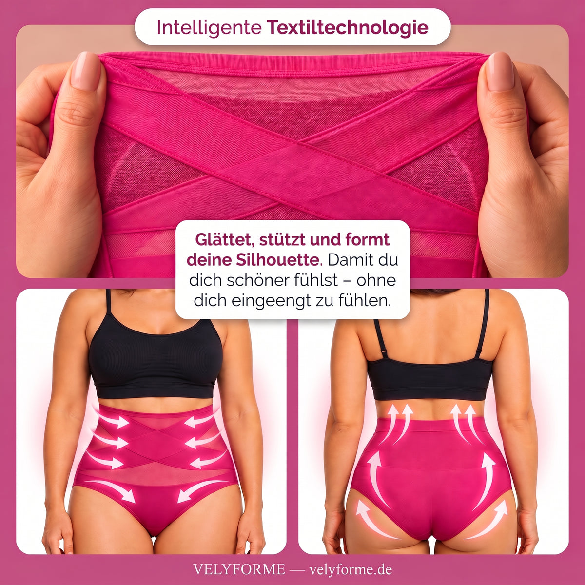 Velyforme Stofftechnologie: dehnbarer pinker Stoff sowie Vorder- und Rückansicht des Slips mit formenden Zonen.