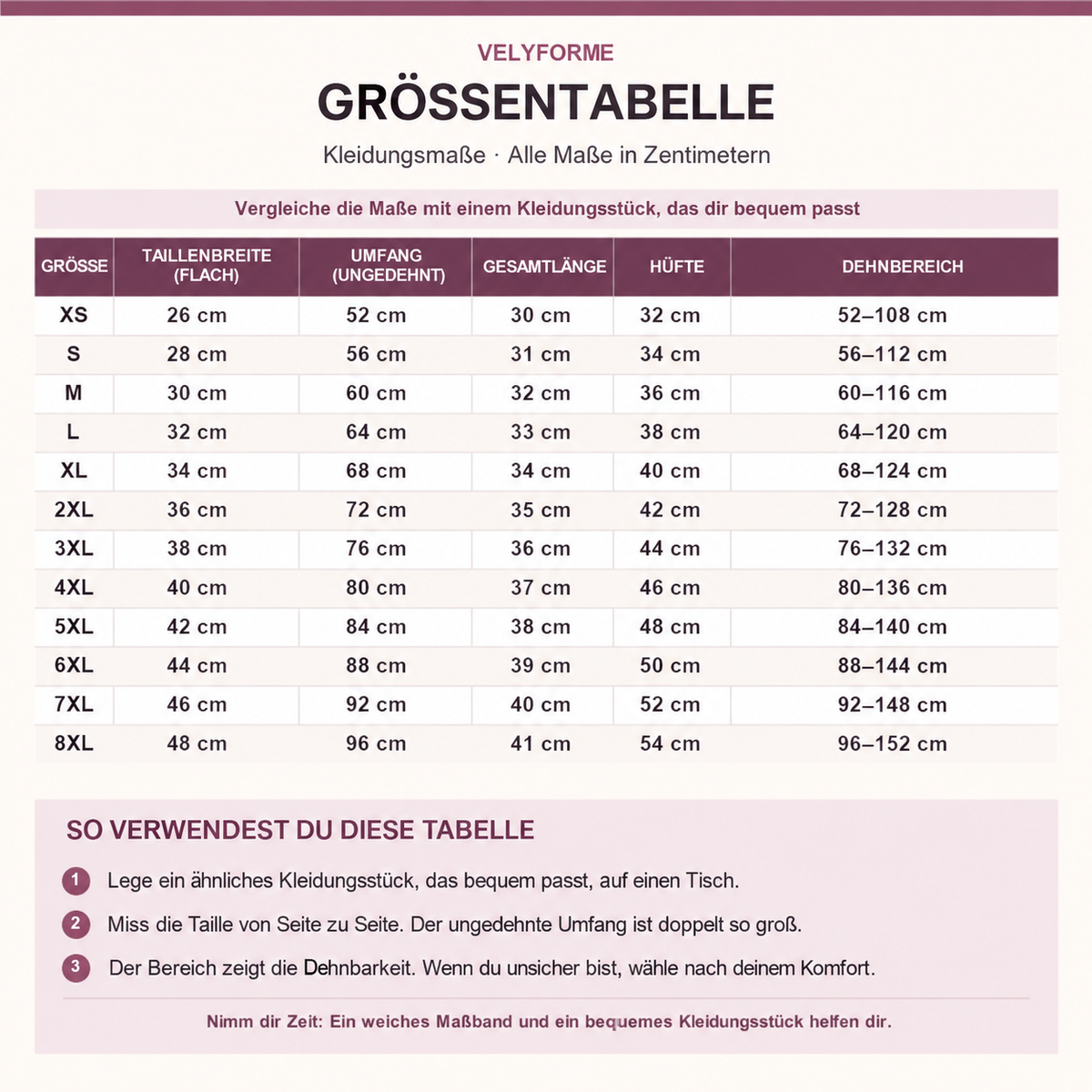 Velyforme Maßtabelle für die Größen XS bis 8XL. Alle Kleidungsmaße sind in Zentimetern angegeben.