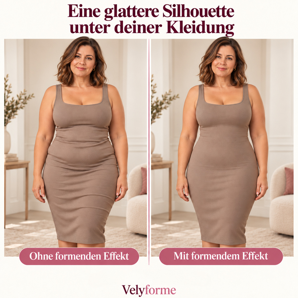 Velyforme unter einem Kleid: Vergleich der Silhouette ohne und mit formendem Effekt.