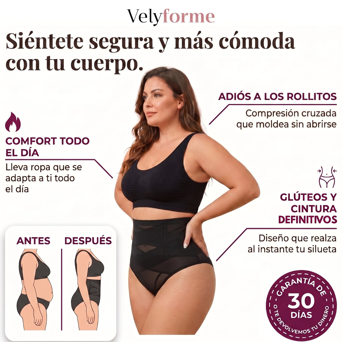 Velyforme Shaping-Slip in Schwarz mit X-Design: Modellansicht, Produktvorteile, Vorher-nachher-Darstellung und 30-Tage-Garantie.