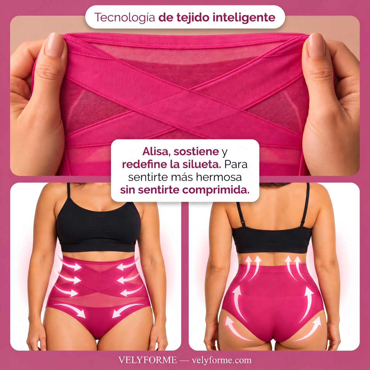 Velyforme Stofftechnologie: dehnbarer pinker Stoff sowie Vorder- und Rückansicht des Slips mit formenden Zonen.
